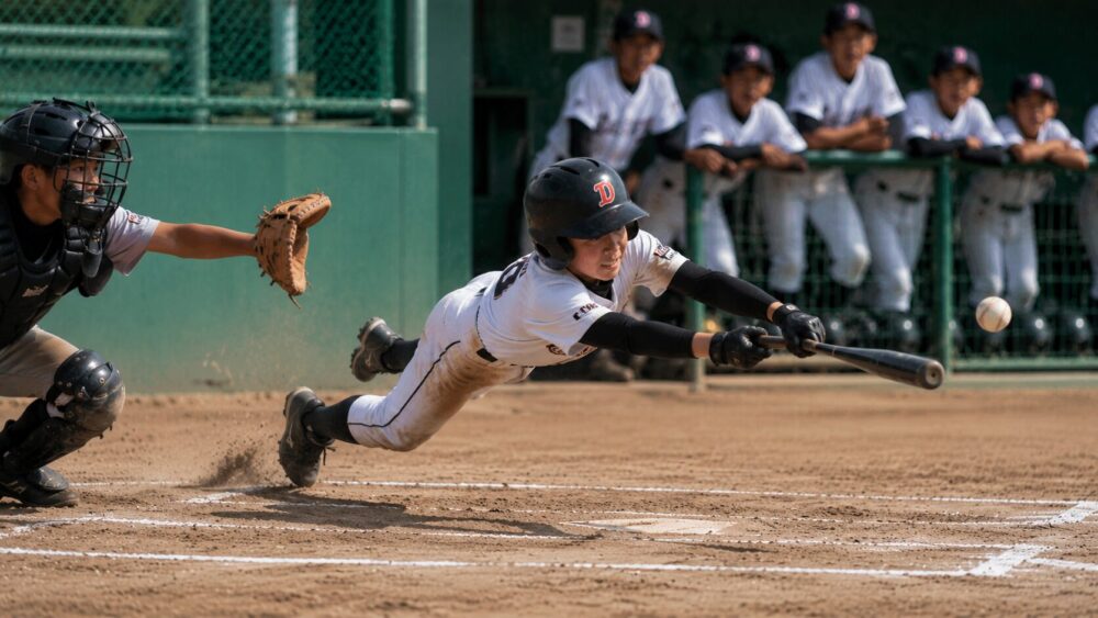 スクイズする野球選手