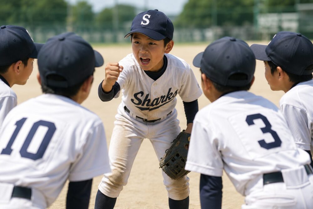 円陣を組む野球少年