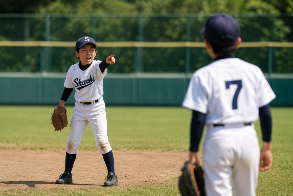 試合中に指示をする野球少年