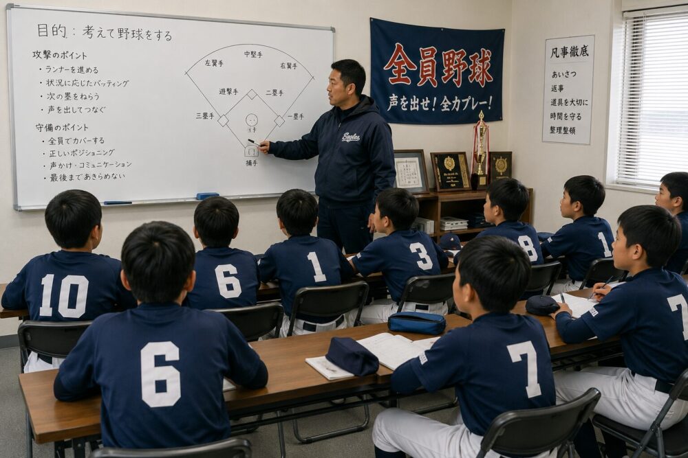 座学をする少年野球チーム