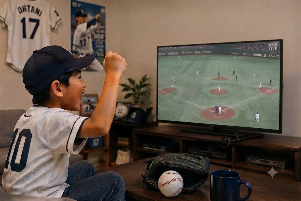 プロ野球観戦をする野球少年